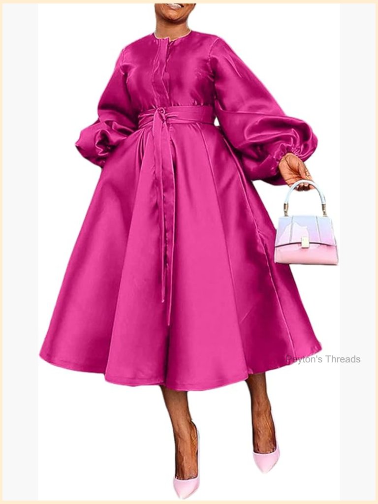 Women's Satin Long Sleeve A Line Maxi Dress With Belt Pockets